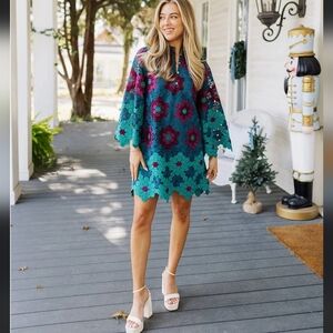 J.Marie Asher 3D Geometric Lace Mandarin Collar Long Sleeve  Straight Mini Dress